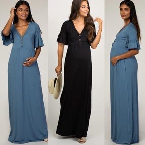 Pinkblush Blue Button Ruffle Sleeve Maternity Dres
